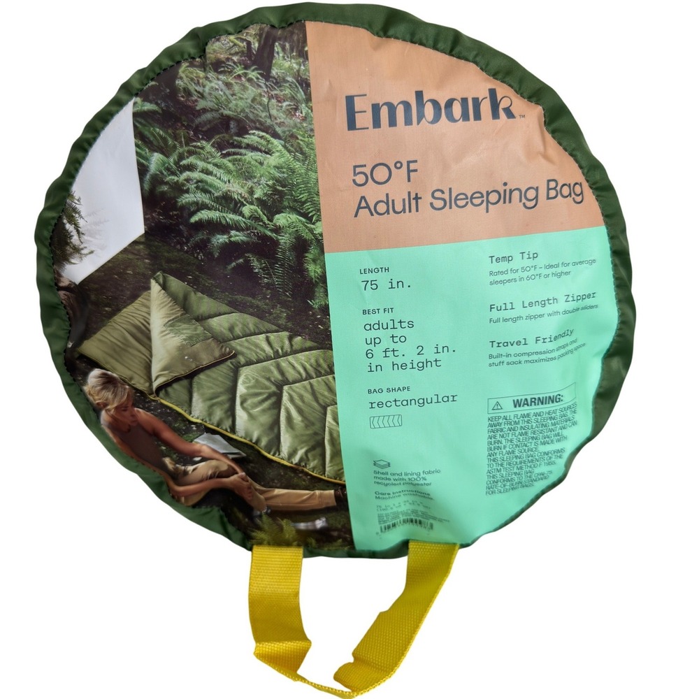 Embark 50 Degree Adult Sleeping Bag Rectangular Olive Green 75 Inch Length